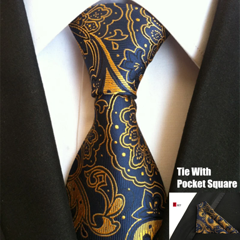 

2018 High Quality Tie Set Gold Silk Paisley Mens Tie with Pocket Square Jacquard Woven Ties For Men Gravata Wedding Neckties Set