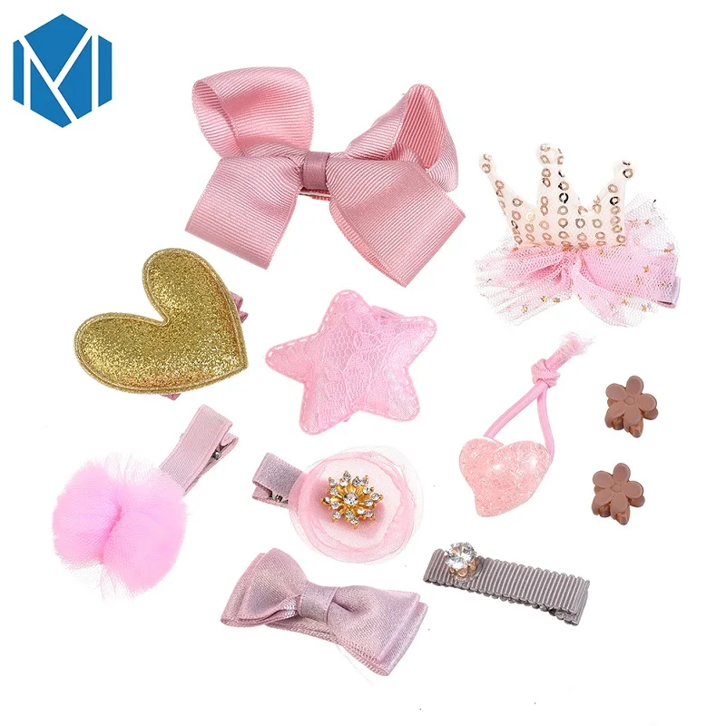 

M MISM 1Set=10PCS Tiara Bowknot Hair Clips For Girls Pink Princess Headwear Set Accessories Hairpins Butterfly Cute