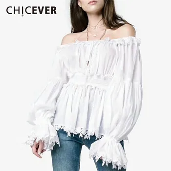 

CHICEVER Summer Sweet Solid Women's Blouse Slash Neck Flare Sleeve Draped Patchwork Lace Female Top Clothing 2020 Fashion New