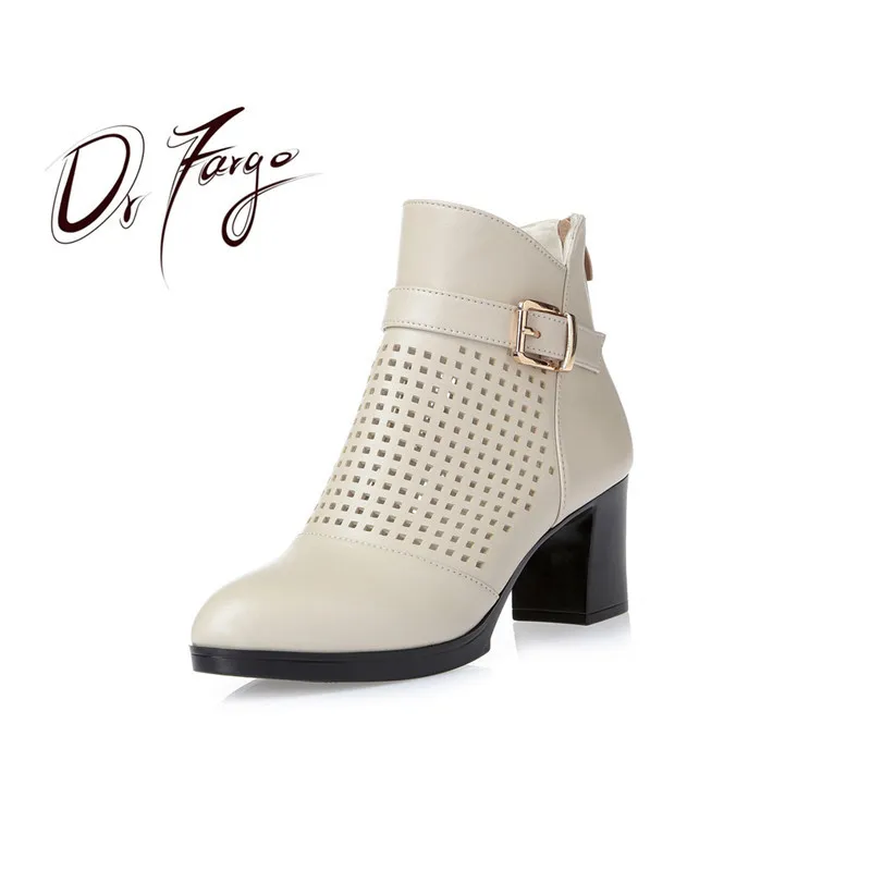 DRFARGO Women Genuine Leather Summer Spring Buckle Ankle Boots Back Zip Hollow out cut Round Toe Square Heels Fashion Booties 43 | Обувь