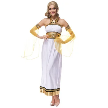 White Arabian Goddess Greek Goddess Costume Halloween Party Cosplay Egyptian Goddess Dress with Half Yellow Armwear