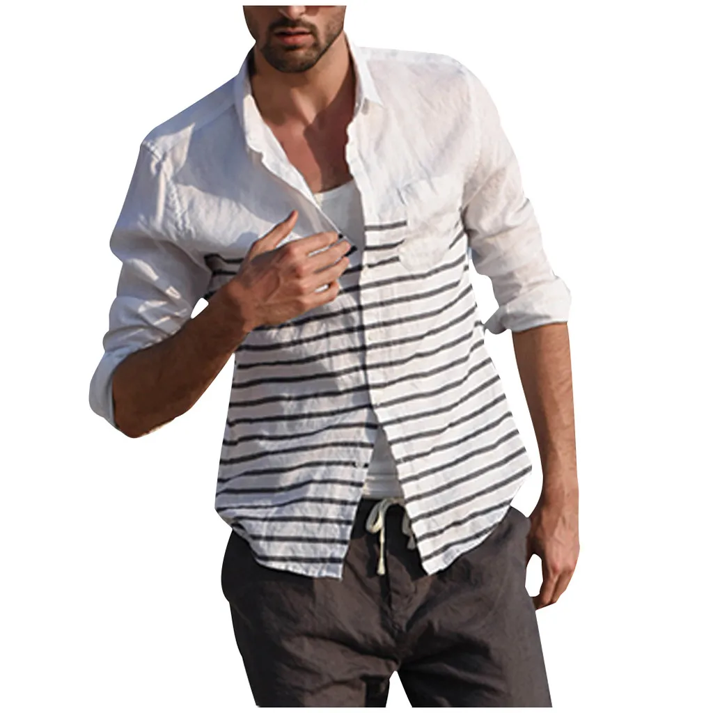 Рубашка мужская повседневная винтажная на пуговицах льняная однотонная с длинным рукавом Ретро Рубашки, Топы, блузки мужская рубашка приталенная с длинным рукавом