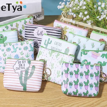 

eTya Pu Leather Coin Purses Women Small Wallet Cactus Print Ladies Change Purse Child Girl Mini Zipper Pouch Key Holder Coin Bag