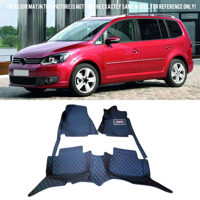 Interior Black Leather Red Stitches Floor Mat Carpet For Volkswagen Golf Touran 2004-2015 5-door MPV