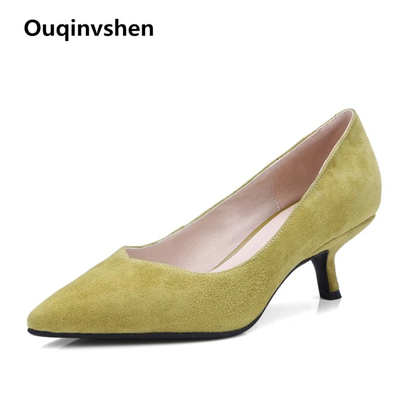 

Ouqinvshen Slip-On Shallow Office Shoes Women Concise Kid Suede Elegant Autumn Spring Yellow Shoes Pointed Toe High Heel Pumps