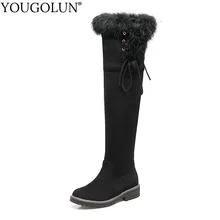 Зимние сапоги до бедра женская зимняя теплая обувь на меху на низком каблуке Женские Сапоги выше колена с перекрестными ремешками черного, коричневого, красного, серого цвета, A283