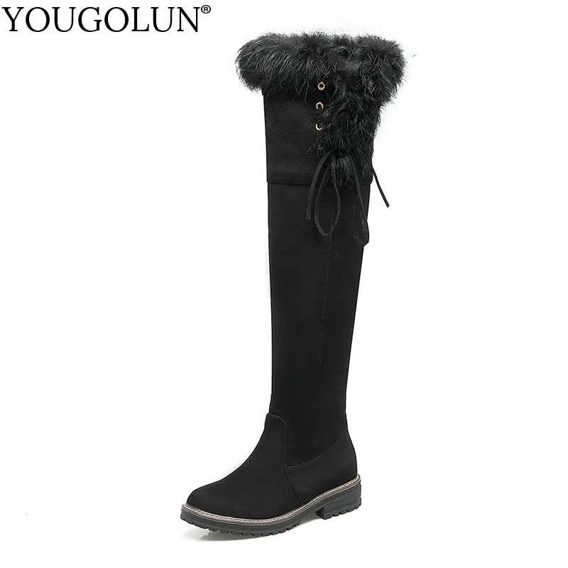 

Thigh High Snow Boots Women Winter Low Heels A283 Fur Style Warm Shoes Woman Black Brown Red Gray Cross Strap Over Knee Boots