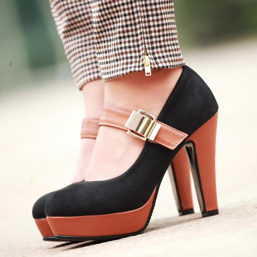 

Fashion Spring Women Pumps Stiletto Round Toe Ladies High Heels Buckle Strap Flock Women Shoes Office Platforms Ladies Shoes 62