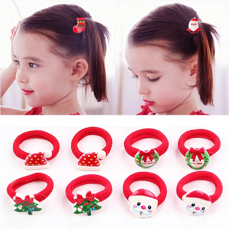 

2PCS/Pair Fashion Girls Popular Christmas Hair rope Tree Santa Bell Snowman Kids Elastic Hair band Lovely Hair Accessories
