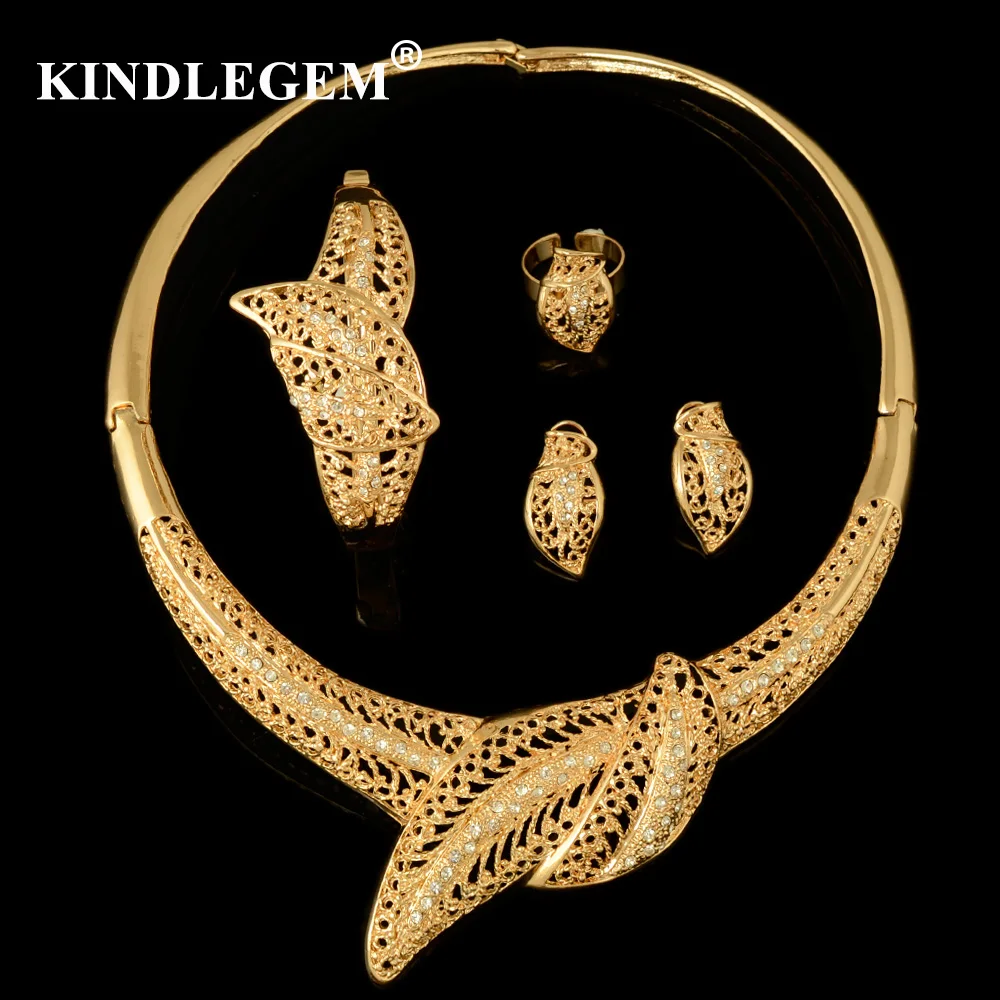 

Kindlegem Big Statement Choker Necklace Earrings Bracelet Ring For Women High Quality Fashion Gold Color African Jewelry Sets
