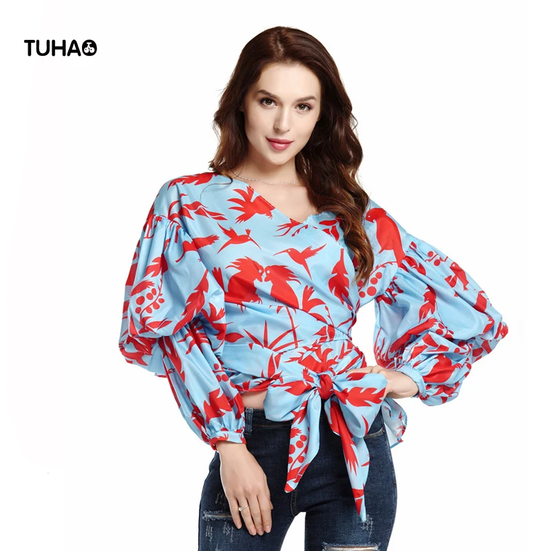 

TUHAO Print Short Kimono Style Loose Women Tops Lantern Sleeve V-neck Asymetrical Casual Blouse Shirts Femme Outerwear TZ1812