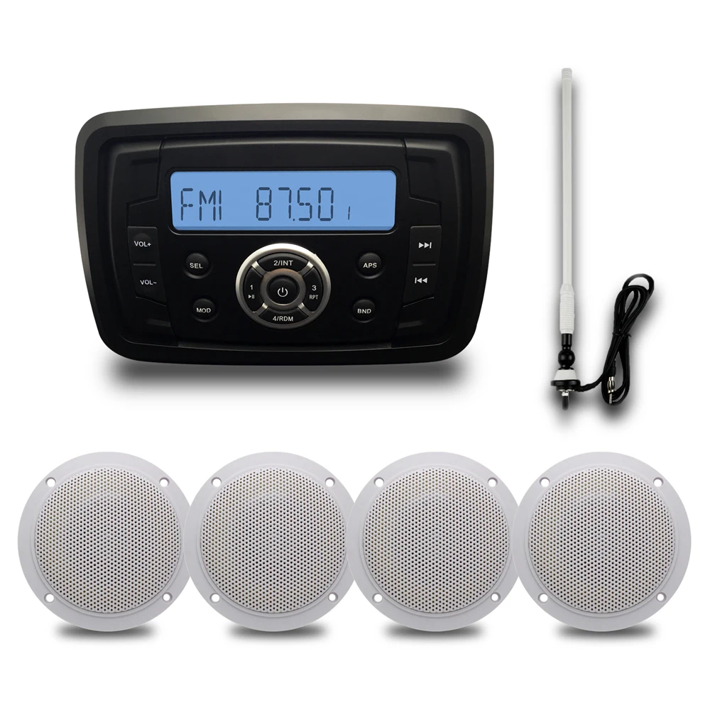 

Marine Stereo Boat Radio Bluetooth Audio FM AM Receiver USB MP3 AUX RCA ATV/UTV 4inch Waterproof Speakers With Radio Antenna