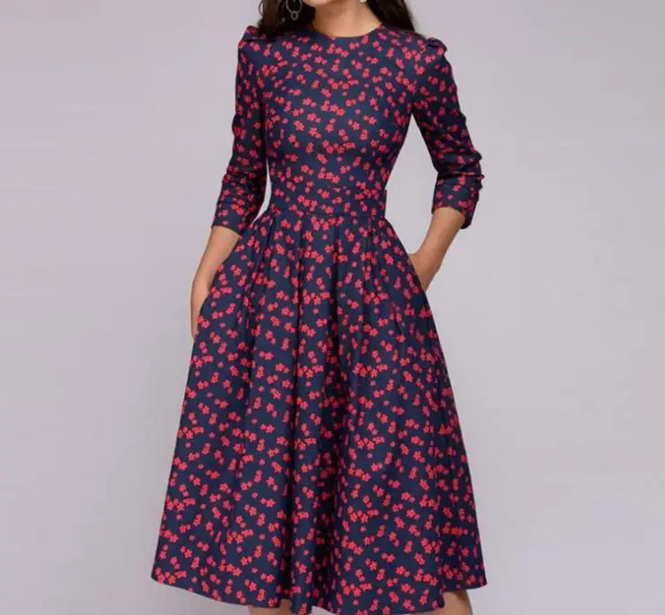 

Women Elegant A-line Dress Vintage printing party Three Quarter Sleeve women Spring Dress