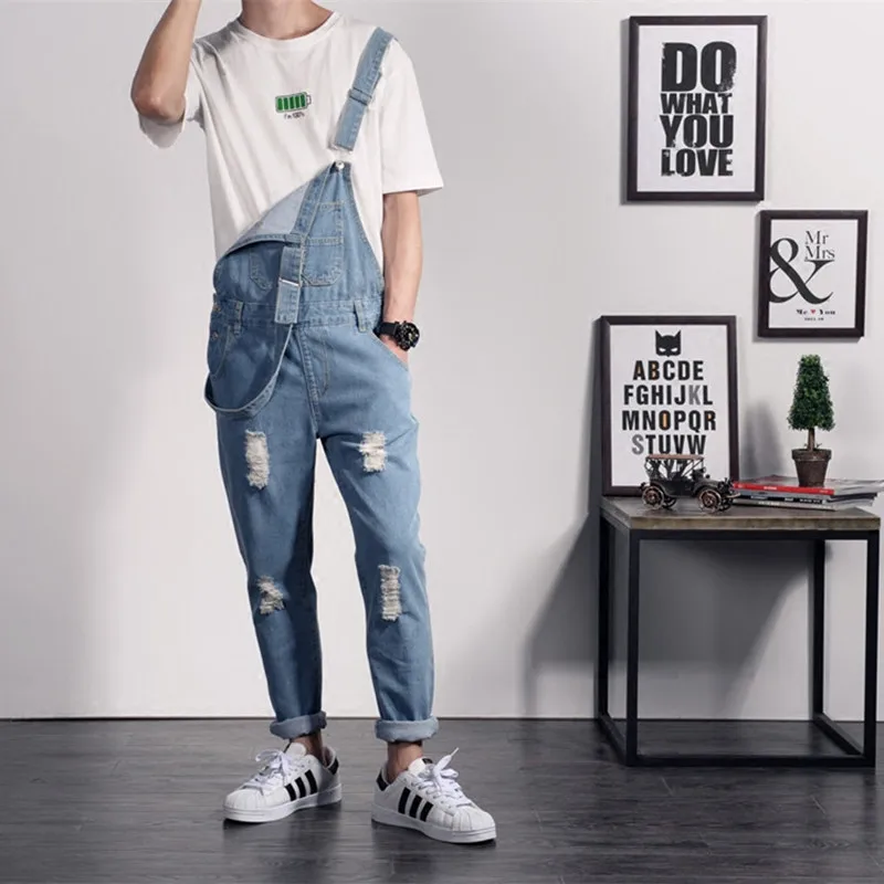

New Brand Summer Casual Blue Solid Color Denim Jumpsuits Male Jeans Overalls Casual Suspenders Trousers 022317