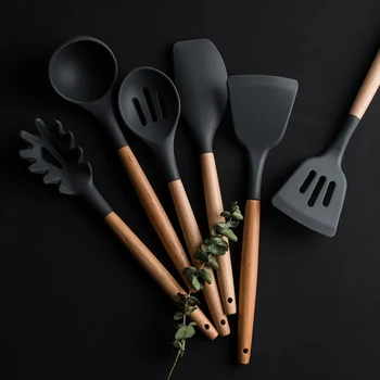 

8 Piece Silicone Cooking Utensils Set Silicone Spatula Slotted Turner Soup Spoon Ladle Kitchen Cooking Tool Set With Wood Handle