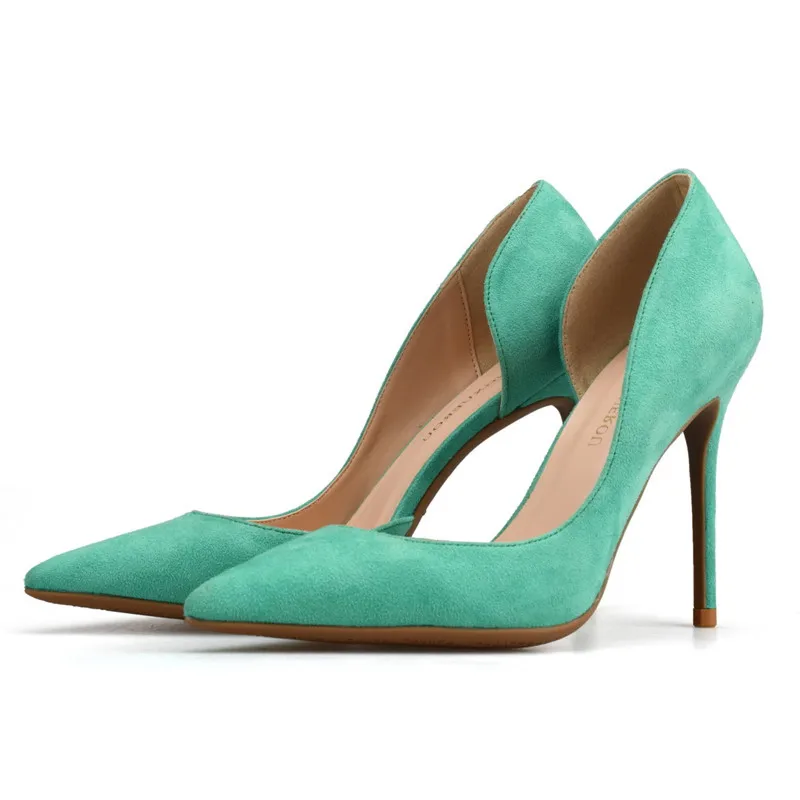 

2019 Women Cow Suede Pump 6/8/10CM Stiletto High Heel Wedding Dress Shoes Pointed Toe Slip-on One Side Open Shallow Pumps