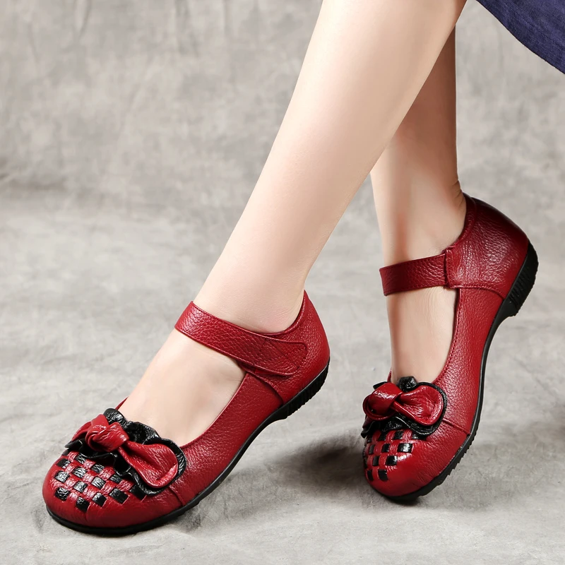 

AARDIMI Handmade Mary Janes Genuine Leather Shoes Woman Spring Butterfly-knot Hook & Loop Round Toe Women's Flats Shoes