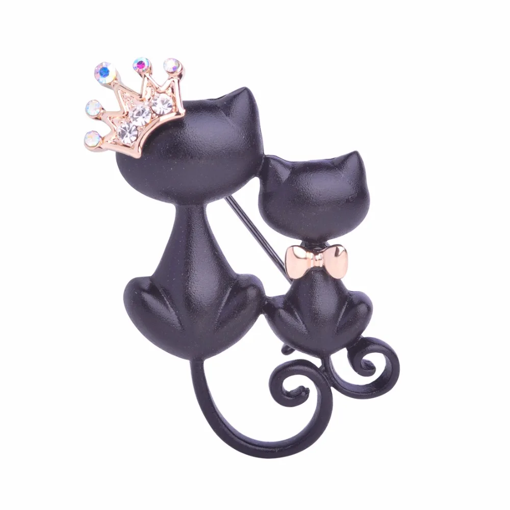 

Smooth Black Mother Daughter Cats Brooches Crystal Crown Queen Corsages Hijab Pin Women Hats Scarf Suit Brooch Clothes Buckles