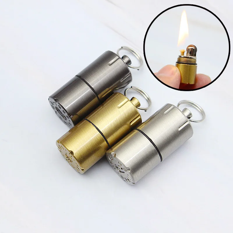 

Mini Compact Keychain Petrol Lighter Capsule Gasoline Lighter Inflated Outdoor Tools Oil Petrol Kerosene Lighter No Oil