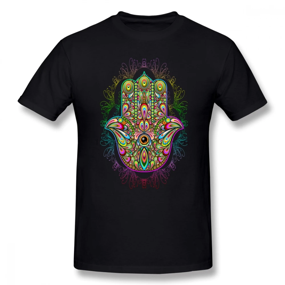 

Hamsa Hand Amulet Psychedelic Men T Shirt Hipster Cosplay Oversize Cotton Crewneck Short Sleeve Custom Men Clothes 2018