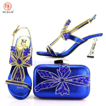 

Royal Blue High Heels Shoe and Bag for Wedding Party Italian Matching Shoes and Bag Set for Wedding Decorated with Rhinestones