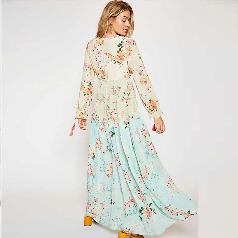 

V Neck Fashion Bohemian Maxi Dresses for Women Floral Long Sleeve Summer Beach Dresses A-Line Vestidos