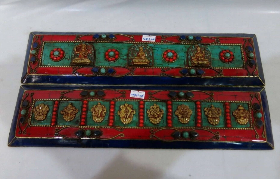 

shitou 001816 15" Tibet wood inlay Turquoise brass buddha Buddhist Scripture Book plate Statue