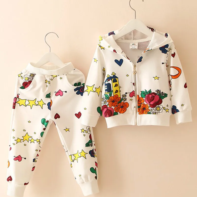 

Children's Clothing Suit 2019 Spring and Autumn New Girls Cartoon Print Graffiti Hooded Sports Suit Casual Zipper Cardigan