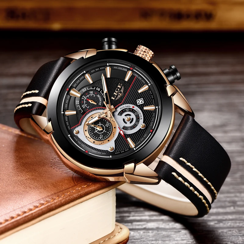 

LIGE Watch Men Business Waterproof Date Analogue Quartz Mens Watches Chronograph Leather Sport Watches For Men Relogio Masculino