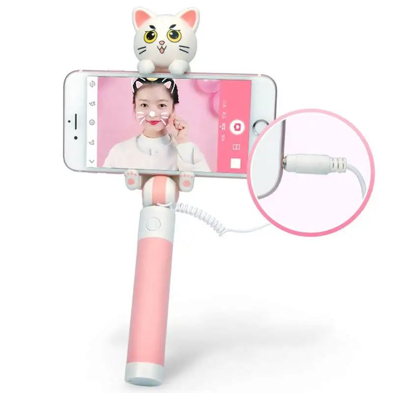 

Mini Cute Cartoon Cat with 360 Degree Selfie Stick, Extendable Monopod Wired Handle for iPhone 5 6s Samsung XIAOMI HUAWEI