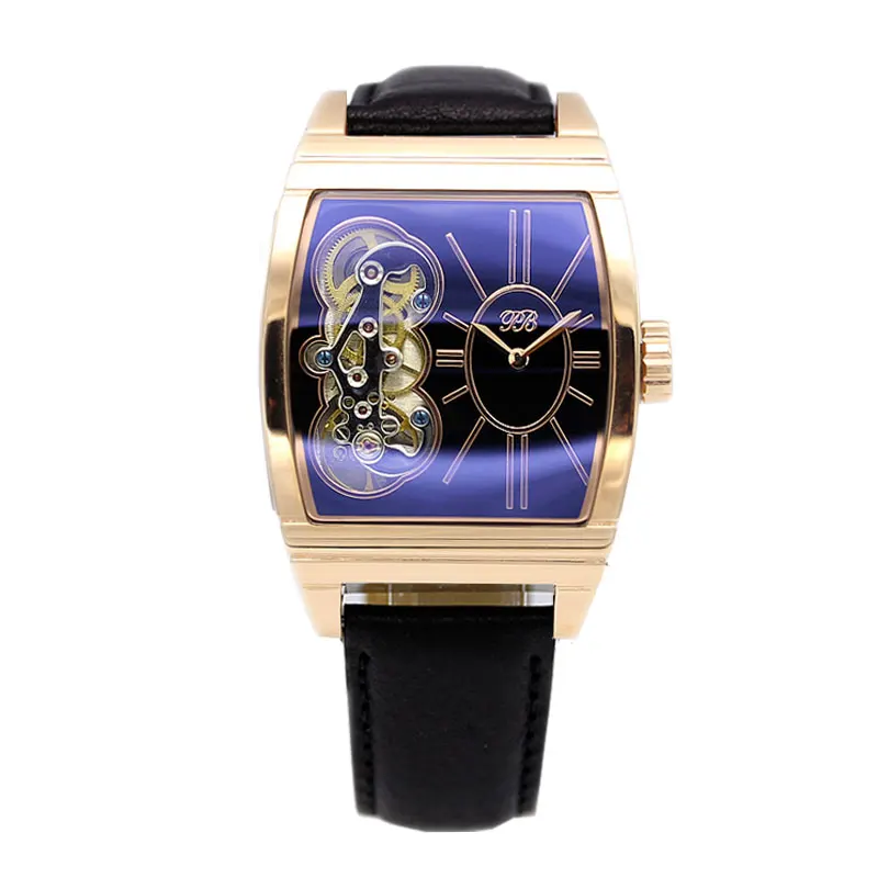 Rose Gold PB роскошные часы женские наручные полые квадратные наручные часы водонепроницаемые кожаные кварцевые часы женские - Цвет: Rose Gold