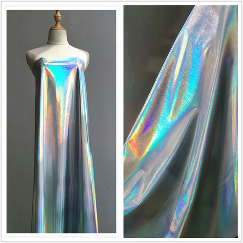 

Good Silver Rainbow Shining Mirror TPU Leather Fabric Stretch PU Artificial Leather Sewing Material for Pants DIY clothing/dress