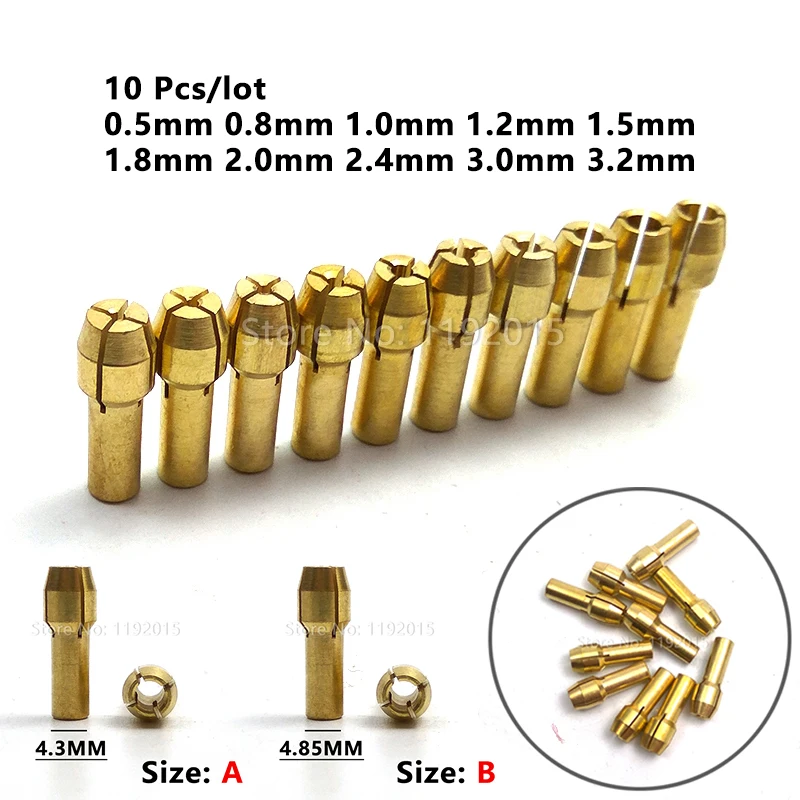 10pcs 0.5mm-3.2mm Brass Collets & M8*0.75 Keyless Drill Chuck Rotary Tool Kit