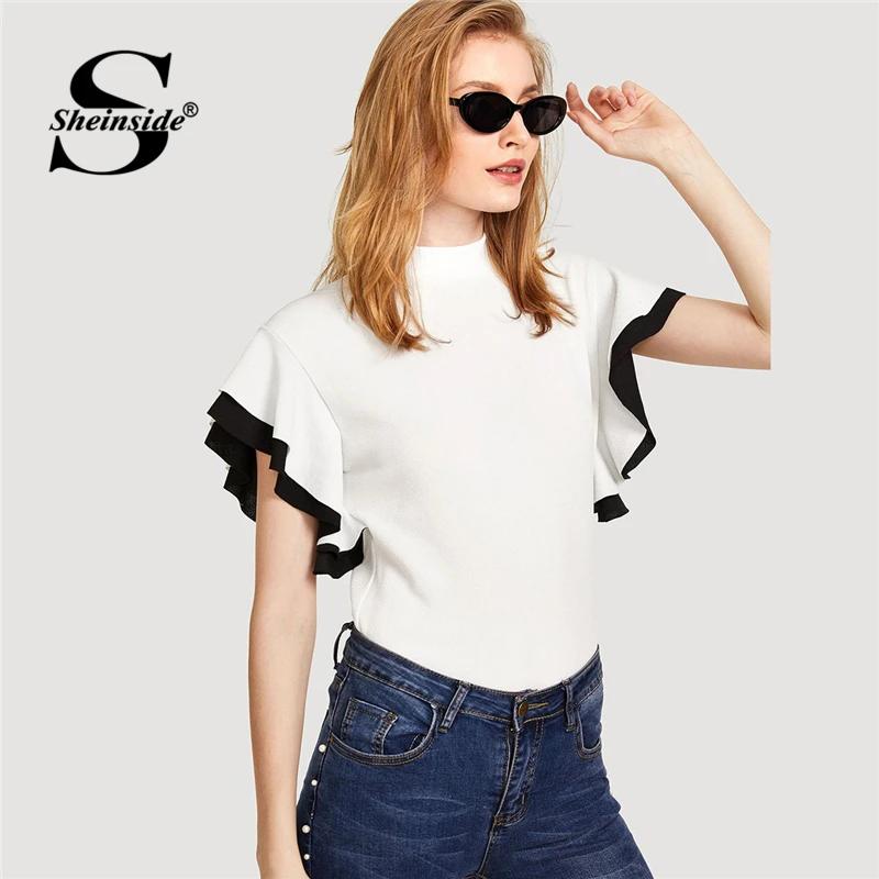 Sheinside White Top Women Ruffle Sleeve Stand Collar Colorblock Blouse Shirt 2018 Summer New Office Elegant Blouse