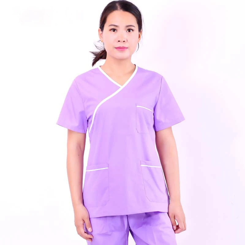 Short Sleeve Medical Suit Scrub Suits Dental Beautician Oral Pet Operating Room Surgical Gown Top+ Pant Female Uniform Summer - Цвет: Purple Style2