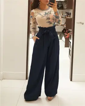 

USA STOCK Women Loose Stretch High Waist Wide Leg Long Pants Palazzo Trousers Fr