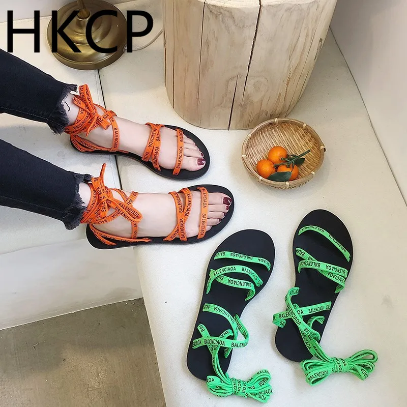 HKCP/ модные летние новые корейские сандалии на плоской подошве с открытым носком и перекрестными ремешками; сандалии-гладиаторы; C407