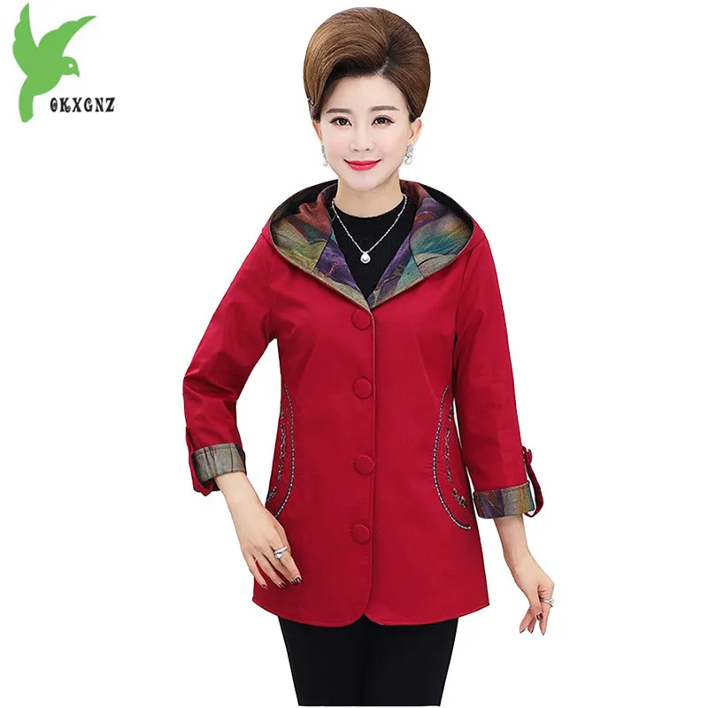 Coat Red khaki Size Red Hooded Red Middle Cotton Coats Okxgnz1766 Women dark Spring Casual Female Fashion aged Plus Jacket Outerwear Top Jackets FqUS8qn1