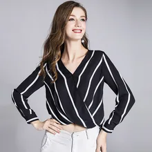 100% Silk Blouse Women Shirt Simple Design Striped Cross V Neck Long Sleeves Irregular Hem Office Work Top New Fashion 2018 black v neck long sleeves irregular hem mini dress