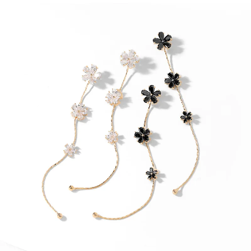 

Bilincolor fashion cute korean cubic zirconia small black flower long drop earring for women