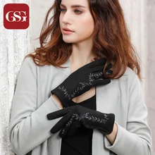 Модные зимние перчатки женские шерстяные и кожаные перчатки для дам с цветочной вышивкой короткие перчатки женские элегантные серые Guantes Mujer