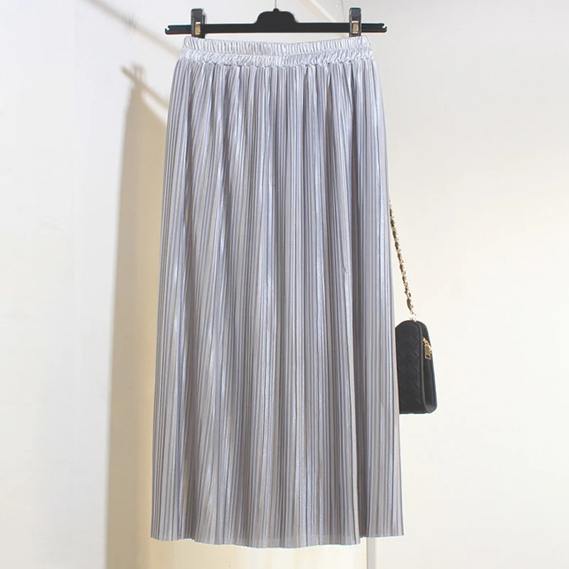Aonibeier металлическая Женская плиссированная юбка эластичные, высокая посадка Длинные юбки весна осень модные уличные вечерние повседневные макси юбки - Цвет: Silver