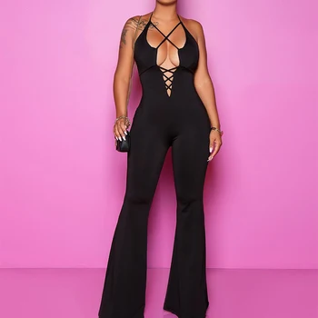 

Halter Hollow Out Sexy Backless Flare Jumpsuits Summer Women Solid Sleeveless Bandage Boot Cut Plus Size Club Romper Overalls