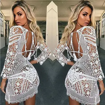 

Summer Hot Sexy Women White Floral Lace Crochet Tassels Bikini Cover Up Bathing Suit Beach Dress Swimwear