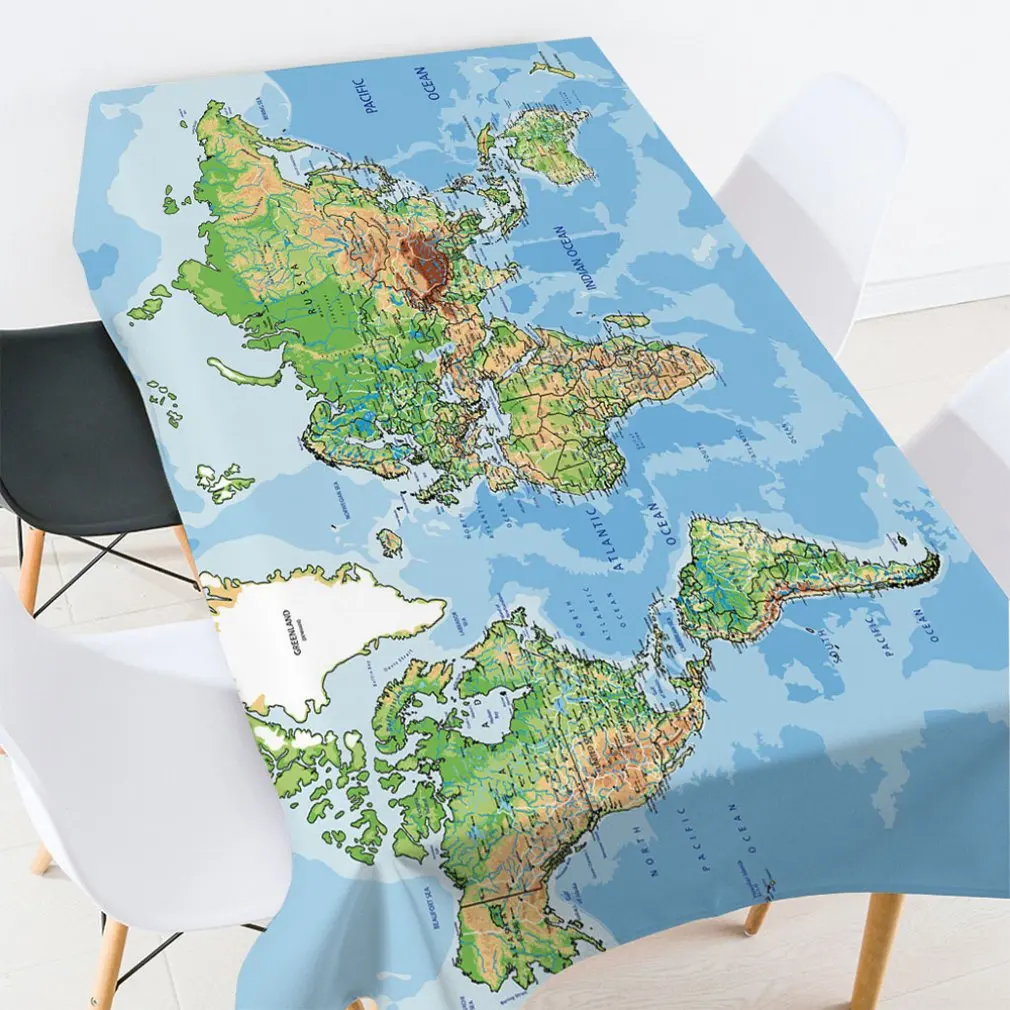 Карта мира узор скатерть ткань водонепроницаемый полиэстер гладкая практичность декоративные темно-зеленый и синий