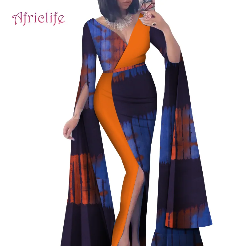 Сегодня предложение Африканский Базен ткань платье для бассейна Сексуальные Женщины Глубокий V дизайн лоскутное вилка Африканский принт платья юбка WY4636 - Цвет: 16