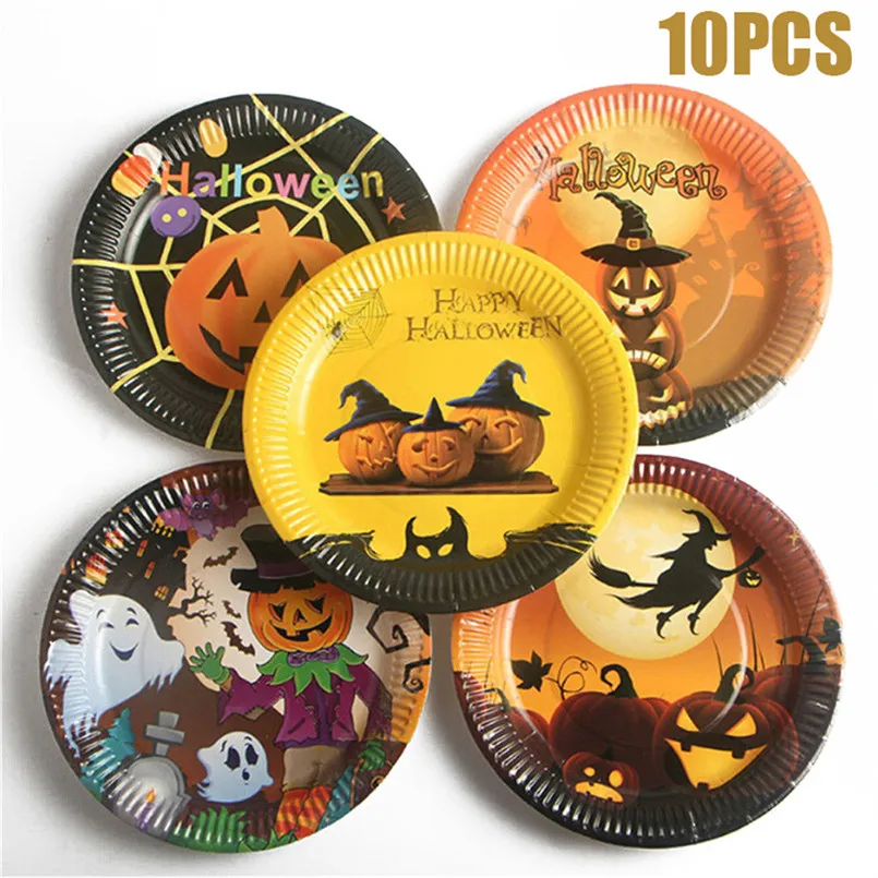

halloween decoration pumpkin 10Pcs birthday party Halloween Paper Plates Disposable Paper Dishes Halloween Party Supplies 30AP05