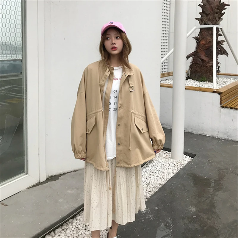 Automne Mode 2018 Plus De Pur La Veste Nouvelle White L0164 Couleur Vintage Debout Col Occasionnel Printemps Taille Femmes Lâche Femelle Harajuku khaki ptpqn05Ar