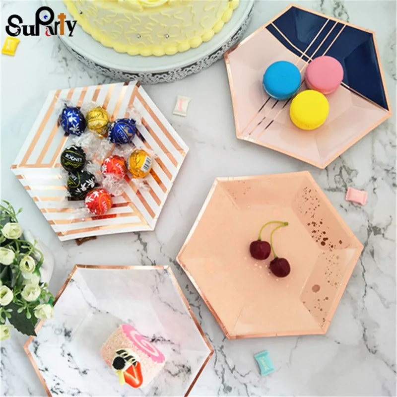 80pcs Rose Gold Paper Plate Blush Pink And Navy Blue Cake Dishes