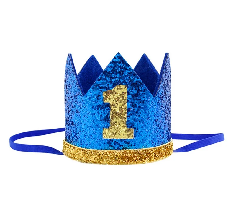 Мальчик Синий Серебряный первый праздничный колпак девочка золотой розовый Принцесса Корона номер 1 От 2 до 3 лет вечерние шляпа Блестящий ободок для дня рождения - Цвет: royalblue golden 1